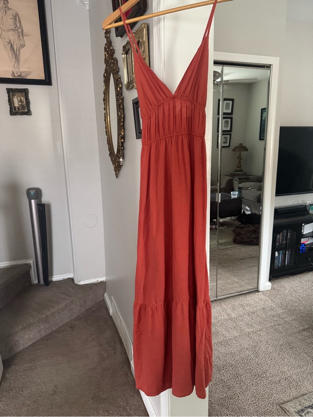 Rust linen-feel boho maxi dress